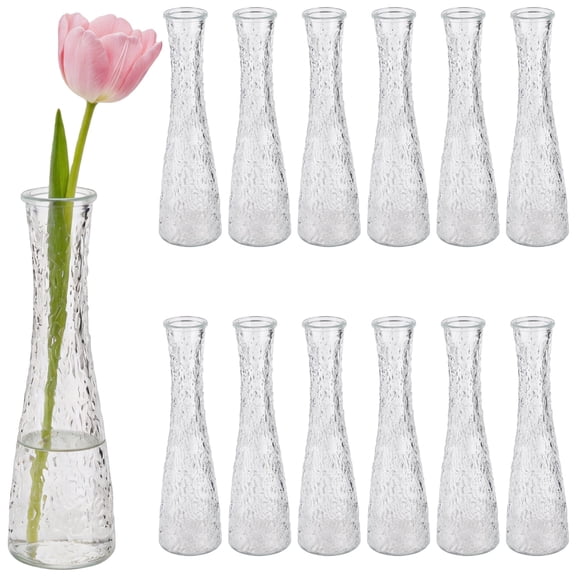 12 Pcs Clear Glass Bud Vases, 8.35 x 2.28 inch Elegant Wavy Texture Small Flower Vases, Rustic Decorative Vase for Centerpieces, Weddings, Home Decor, Parties