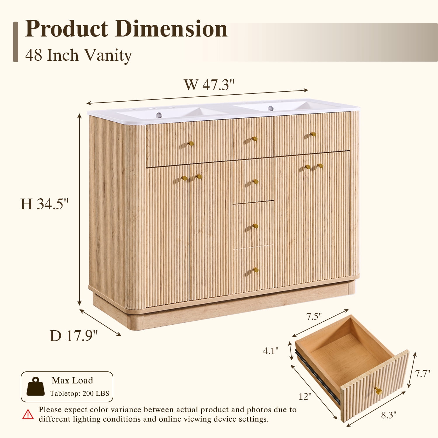 Keywhat 48" Bathroom Vanity with Sink, Modern Fluted Vanity with 2 Drawers & Storage Cabinet, Quick Assembly, Natural Oak