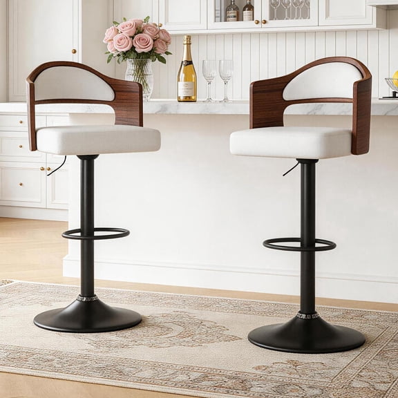 ClinQ Swivel Adjustable Bar Stools Set of 2, PU Leather Upholstered Bar Chairs with Bentwood Backrest and Hydraulic Lift for Kitchen Island, White