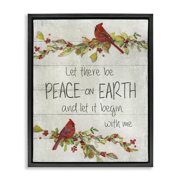 Stupell Industries Peace On Earth With Me Holiday Painting Black Floater Framed Canvas Art Prints Wall Art, 17 x 21