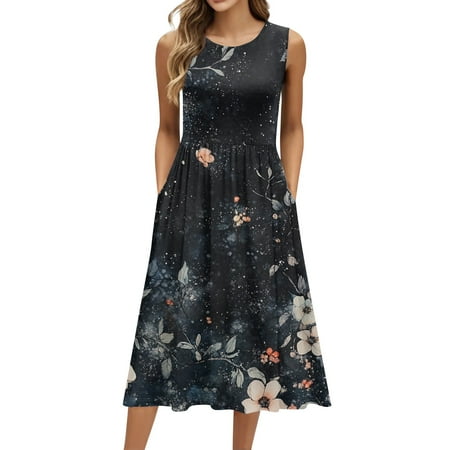 Biziza Casual Dresses for Women Blue Long Sleeveless Causal Vintage 2025 Floral Elegant Dresses Round Neck Lightweight Cotton Stretch Polyester Corset Dress with Pockets