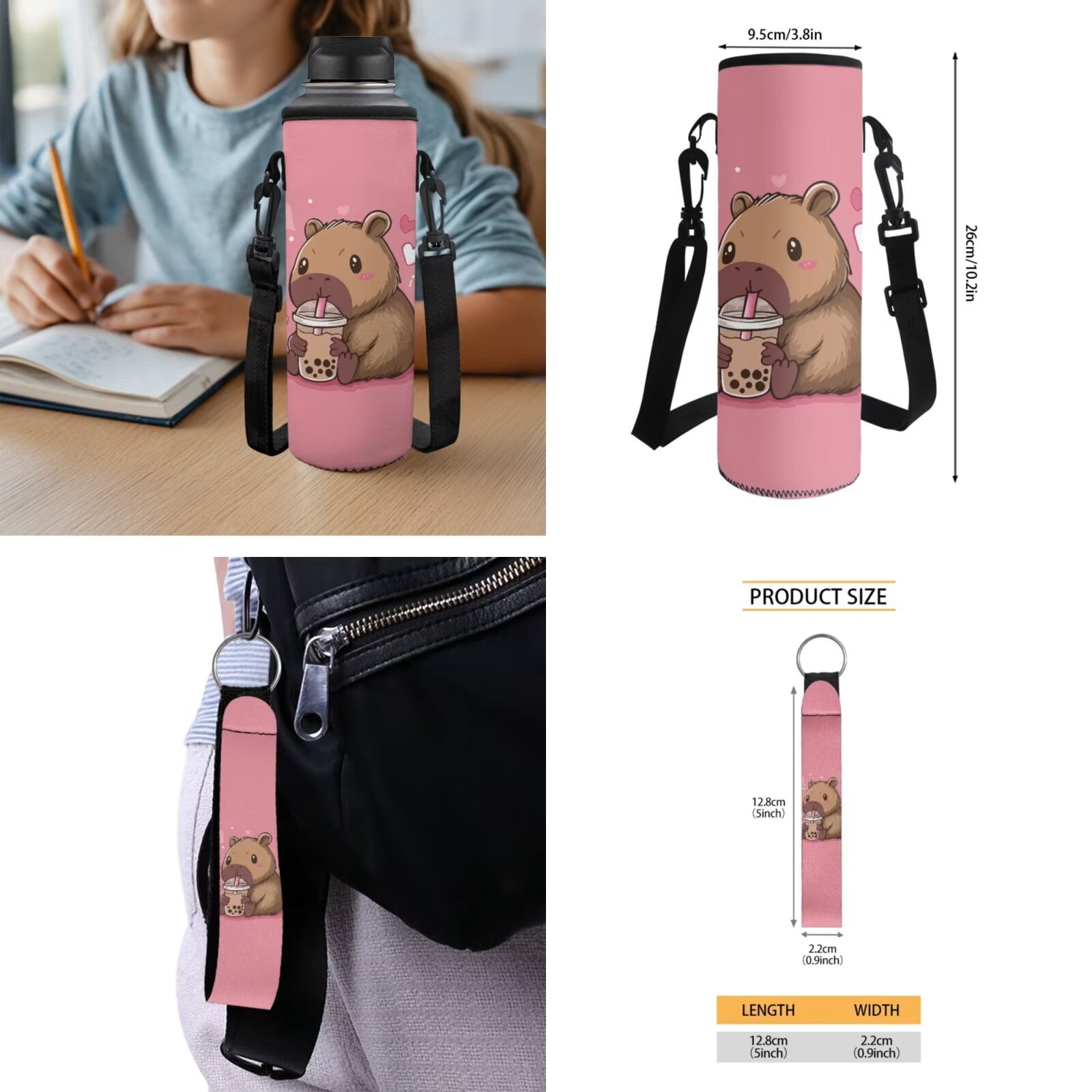 Pzuqiu Cute Capybara Girls Backpack Set of 5 School Bookbag Purse with Reusable Lunch Tote Bag Water Bottle Bag Pencil Case for Kids Elementary Schoolbags