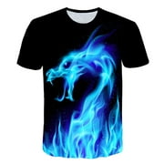 Flmtop Cool Men 3D Blue Flame Dragon Print Black Bottom Summer T-shirt