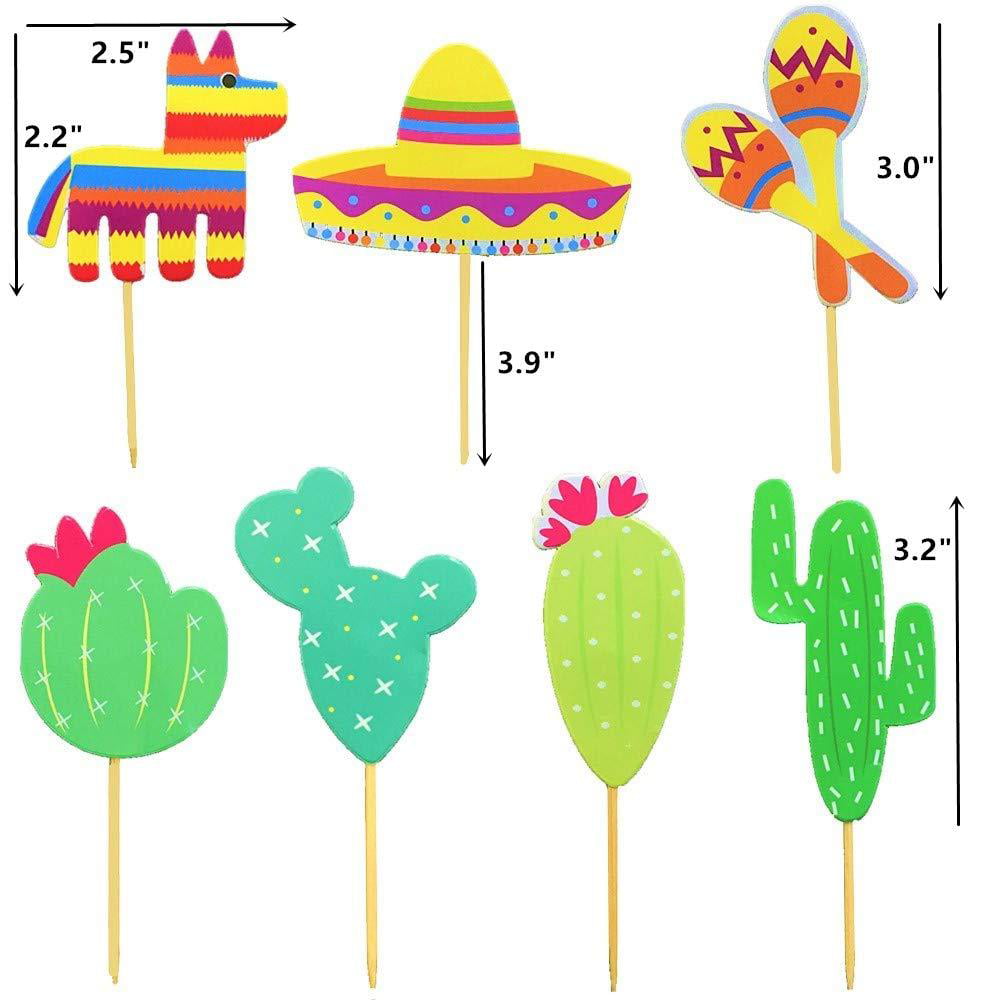 42 Pcs Mexican Fiesta Cupcake Toppers Decoration Cactus Donkey Maraca Sombrero for Themed Party Supplies 