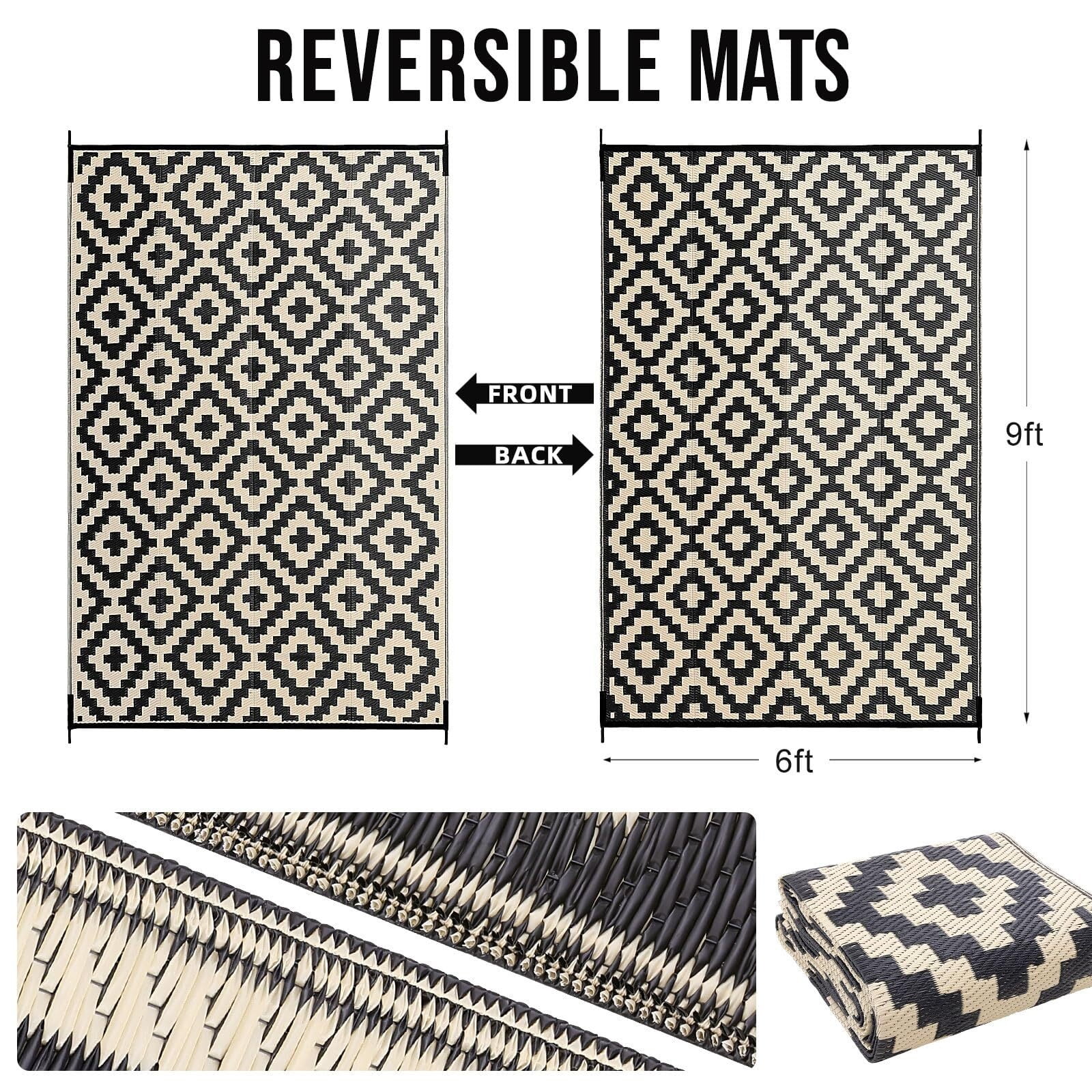 Waterproof Outdoor Rug 5x8 ft, Reversible Plastic Straw Patio Rug for Camping, RV Mat Outside, Indoor Outdoor Carpet for Porch, Deck, Backyard, Camper, Balcony, Picnic, Black & White