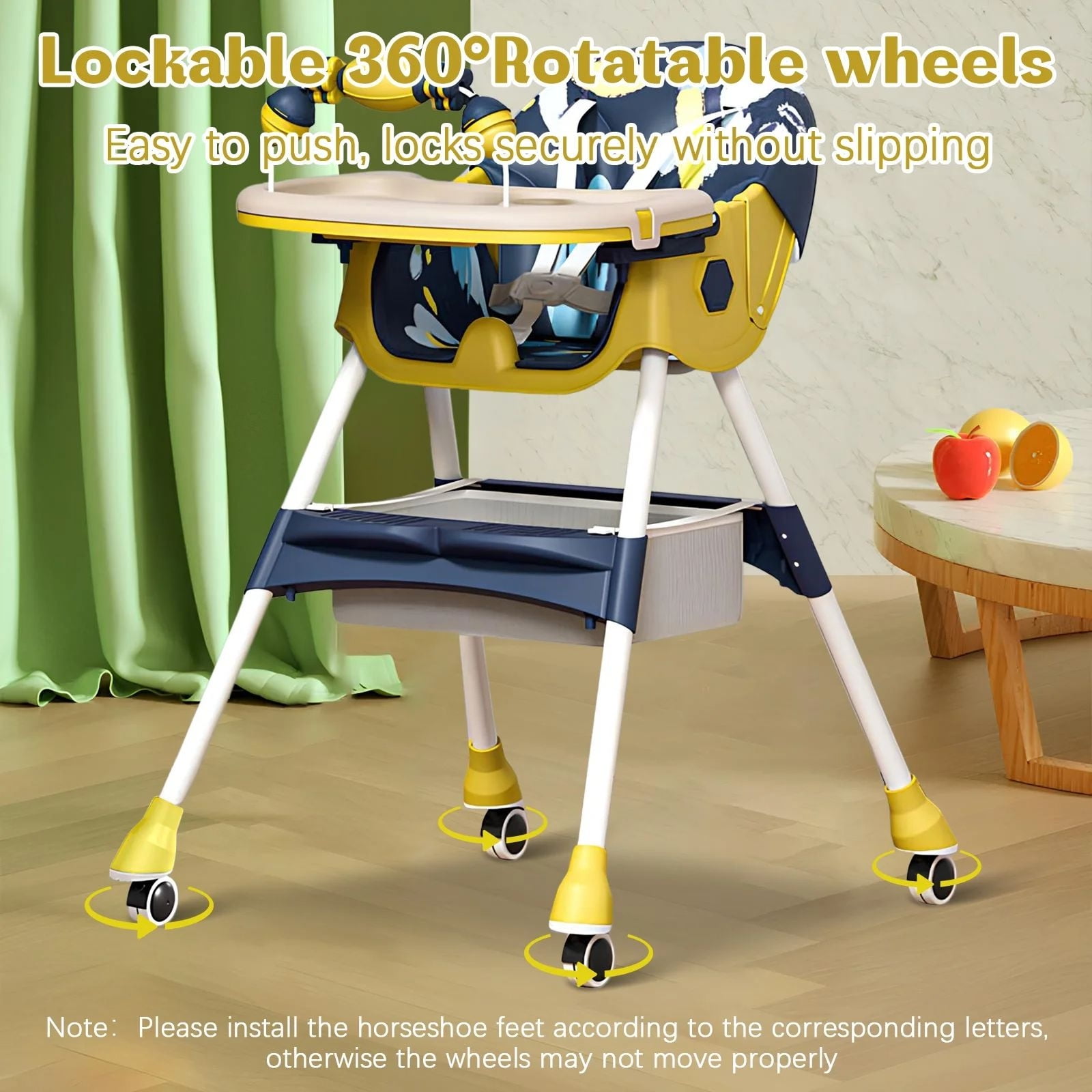 XunKA 4-in-1 Convertible High Chair for Babies and Toddlers, Baby High Chair with Double-Layer Dinner Plate and Toy Rack, for 6-36 Months, Yellow