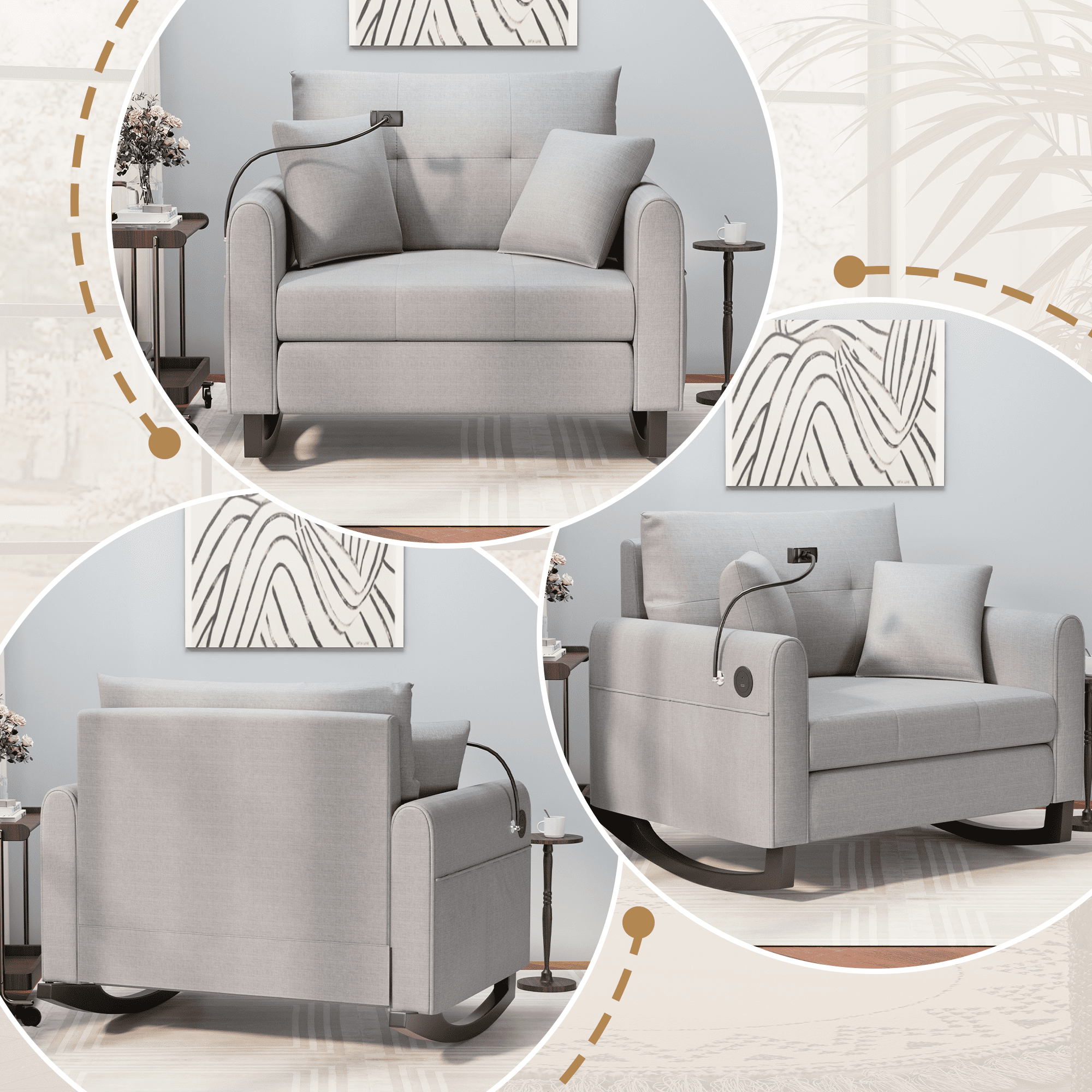Upholstered Nursery Rocking Chair with Adjustable Phone Handle, High Back and Side Pocket USB Port, Double Wide Rocker Glider Chairs with Wood Legs for Living Room, Bedroom, Nursery, Gray