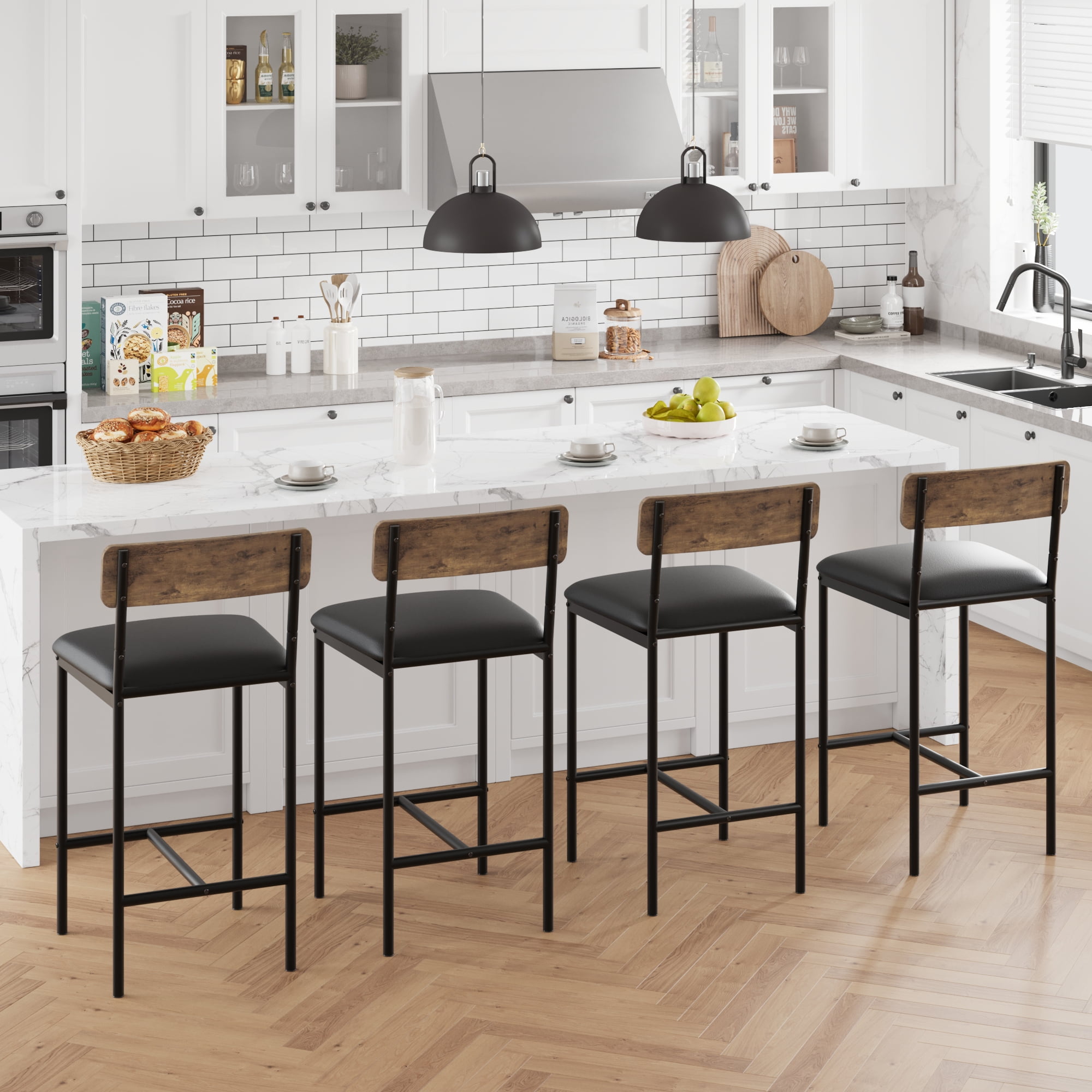 Bar Stools Set of 4, Kitchen Bar Stools with Footrest, PU Upholstered Counter Height Barstools, Bar Chairs with Back for Dining Room, Kitchen, Party, Apartment, Counter Bar, Easy Assembly