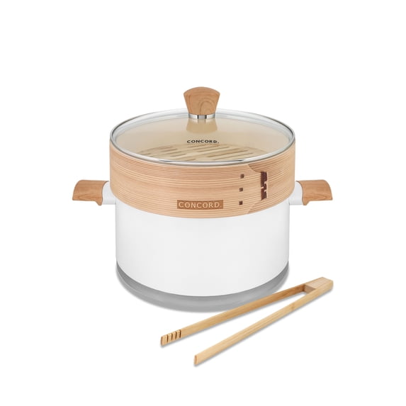 CONCORD 10" Stainless Steel Steamer Pot with Natural Bamboo Steamer 24 CM Steaming Cookware (Snow/Bamboo)