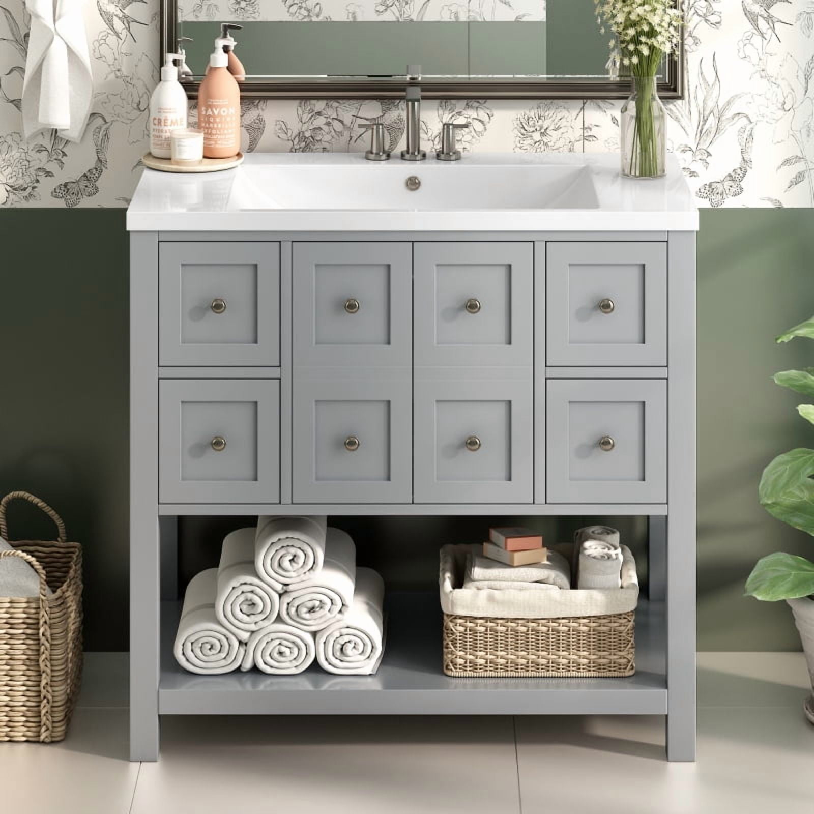 36'' Bathroom Vanity with Undermount Sink,Free Standing Vanity Set with 4 Drawers& Soft Closing Doors,Solid Wood Frame Bathroom Storage Cabinet (Same as SW000123AAE)