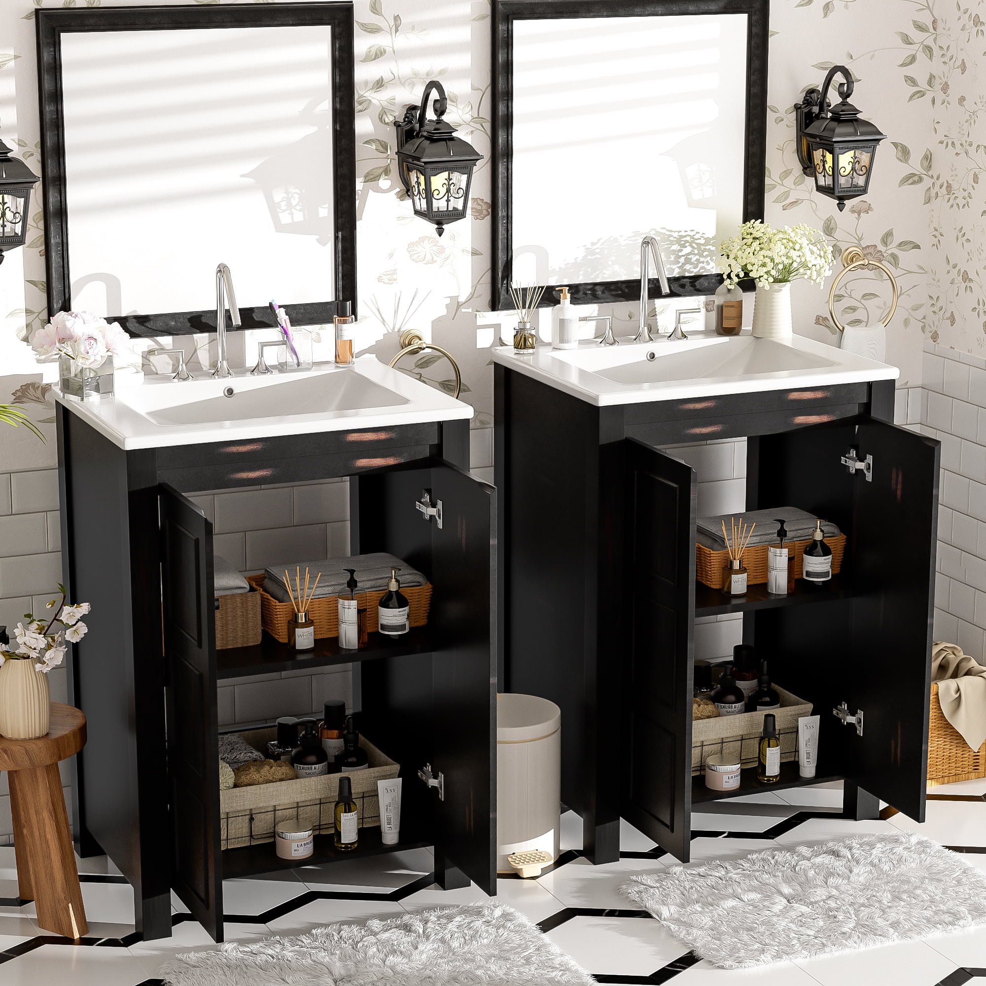 Euroco 48" Vintage Style Bathroom Vanity Combo with Double Vanities (separate), Double Ceramic Sinks, storage Shelf and Soft Close Doors