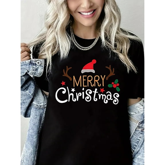 Woman Christmas Shirt Merry Christmas Graphic T-Shirt Casual Short Sleeve Black Top