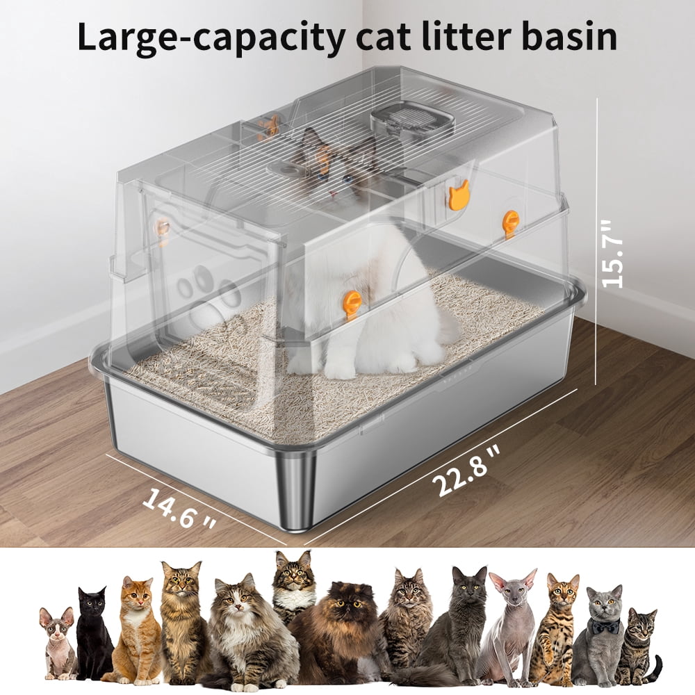 imerelez Stainless Steel Cat Litter Box, High-Sided Anti-Leak, Odor-Free, Easy Clean, Washable, Includes Litter Scoop with Hook, Black and Silver