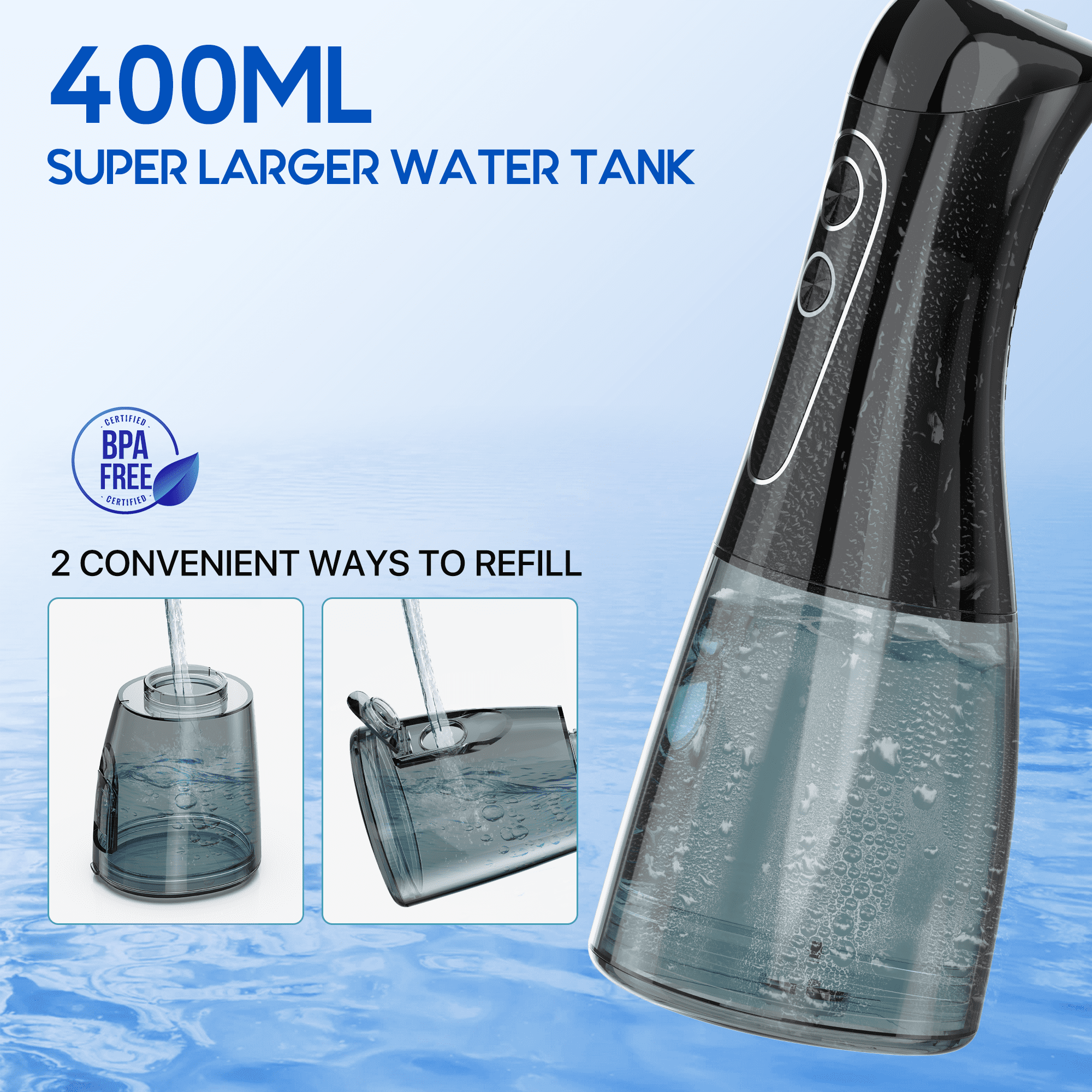VIIWII Cordless Water Flosser , 400ML Large Tank Oral Irrigator, 8 Modes with LED Display, IPX7 Waterproof, Rechargeable Portable Dental Flosser for Home Travel (Black)