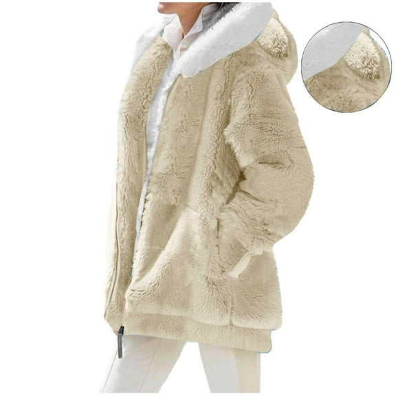 Black*Friday on Sale ChaoHeng Women Outerwear Winter Women's Solid Plush Hooded Jacket with Ear Details,Zip Up Fuzzy Coat with Pockets