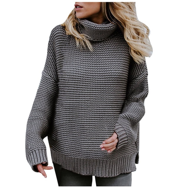 IROINID Women's Turtleneck Pullover Sweater Solid Color Loose Mid-Length Long Sleeve Thick Line Sweater