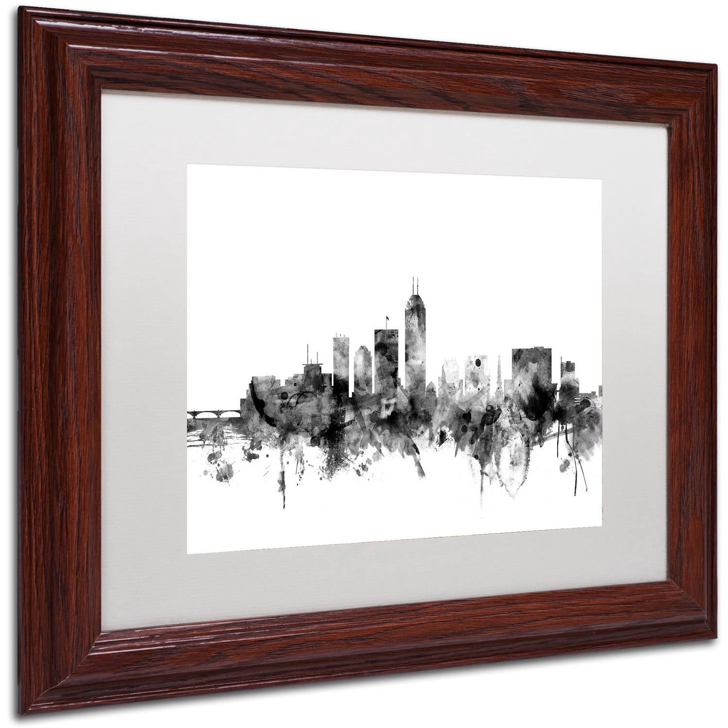 Trademark Fine Art "Indianapolis IN Skyline B&W" Canvas Art by Michael Tompsett, White Matte, Wood Frame