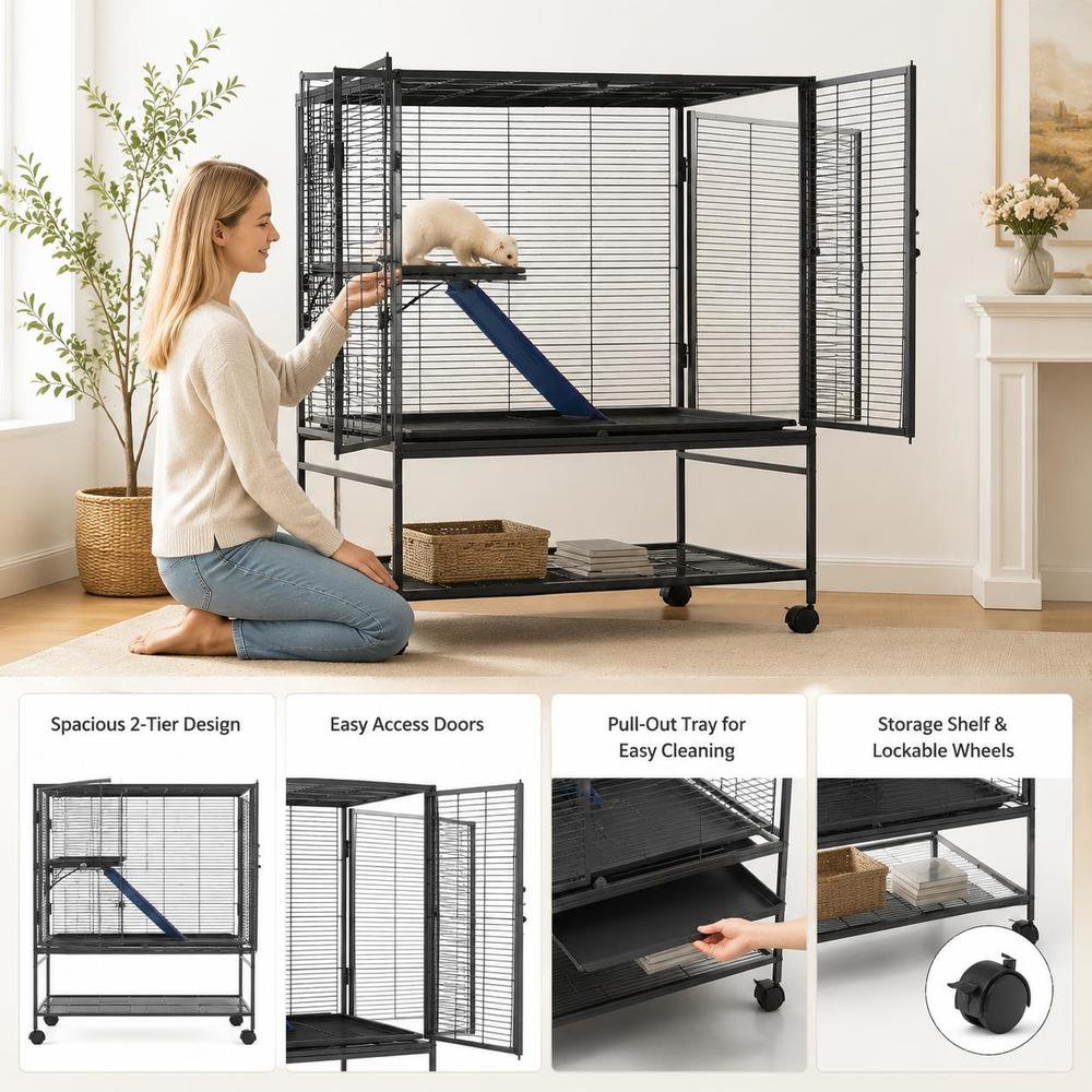 Small Animal Cage, 39-Inch 2-Tier Rolling Ferret Cage with Removable Tray and Ramp, Metal, Black, Jm-Xc-083