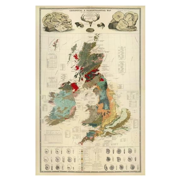 Global Gallery's 'Composite: Geological, palaeontological map British Islands, 1854' By Alexander Keith Johnston Unframed Giclee on Paper Print