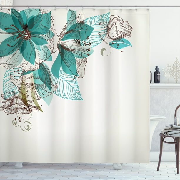 Turquoise Shower Curtain, Flowers Buds Leaf at the top Left Corner