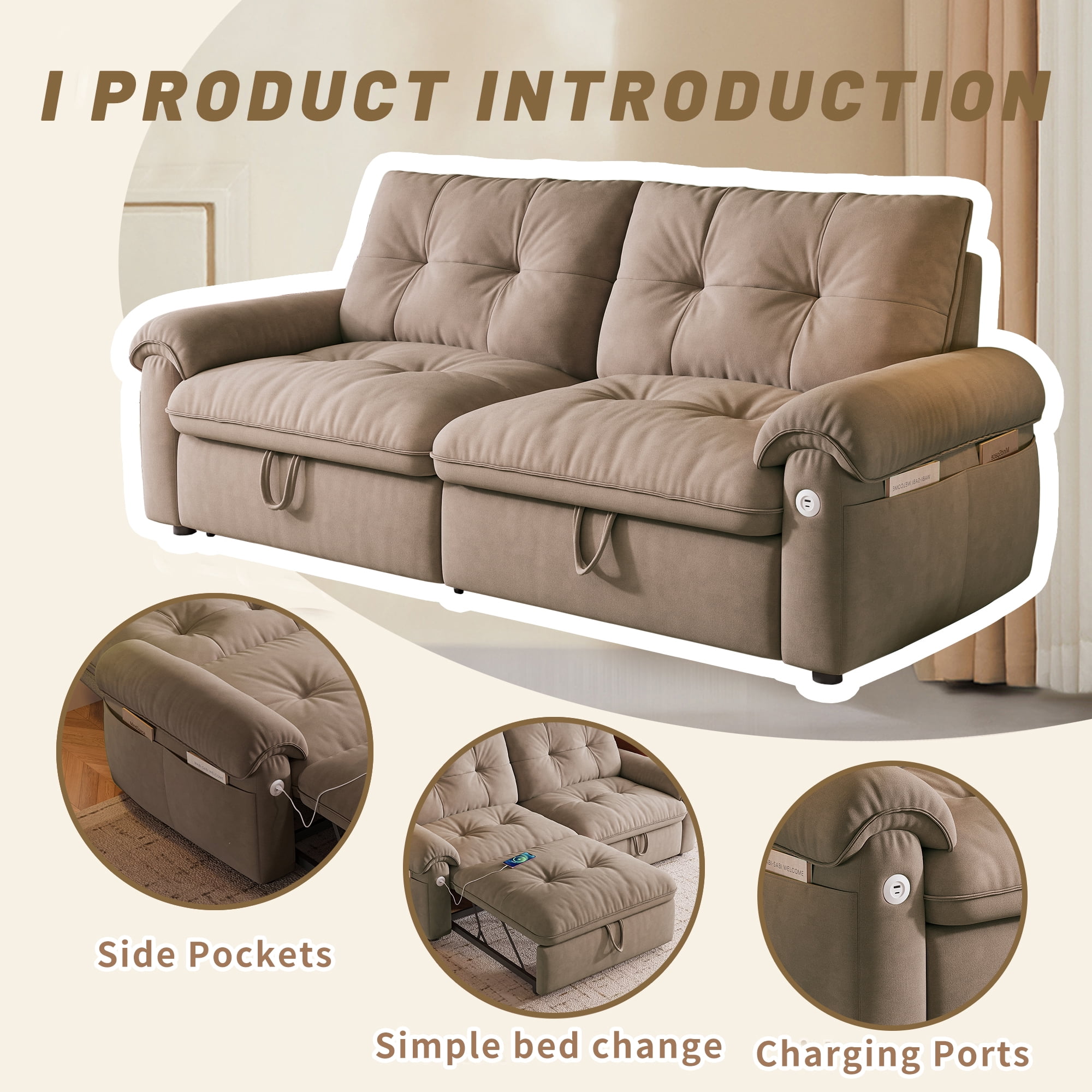 LLappuil 77" Pull Out Sofa Bed Queen Size, Loveseat Sofa Convertible Sleeper Sofa Bed, Flannelette Fabric Sofa Couch for Living Room Brown