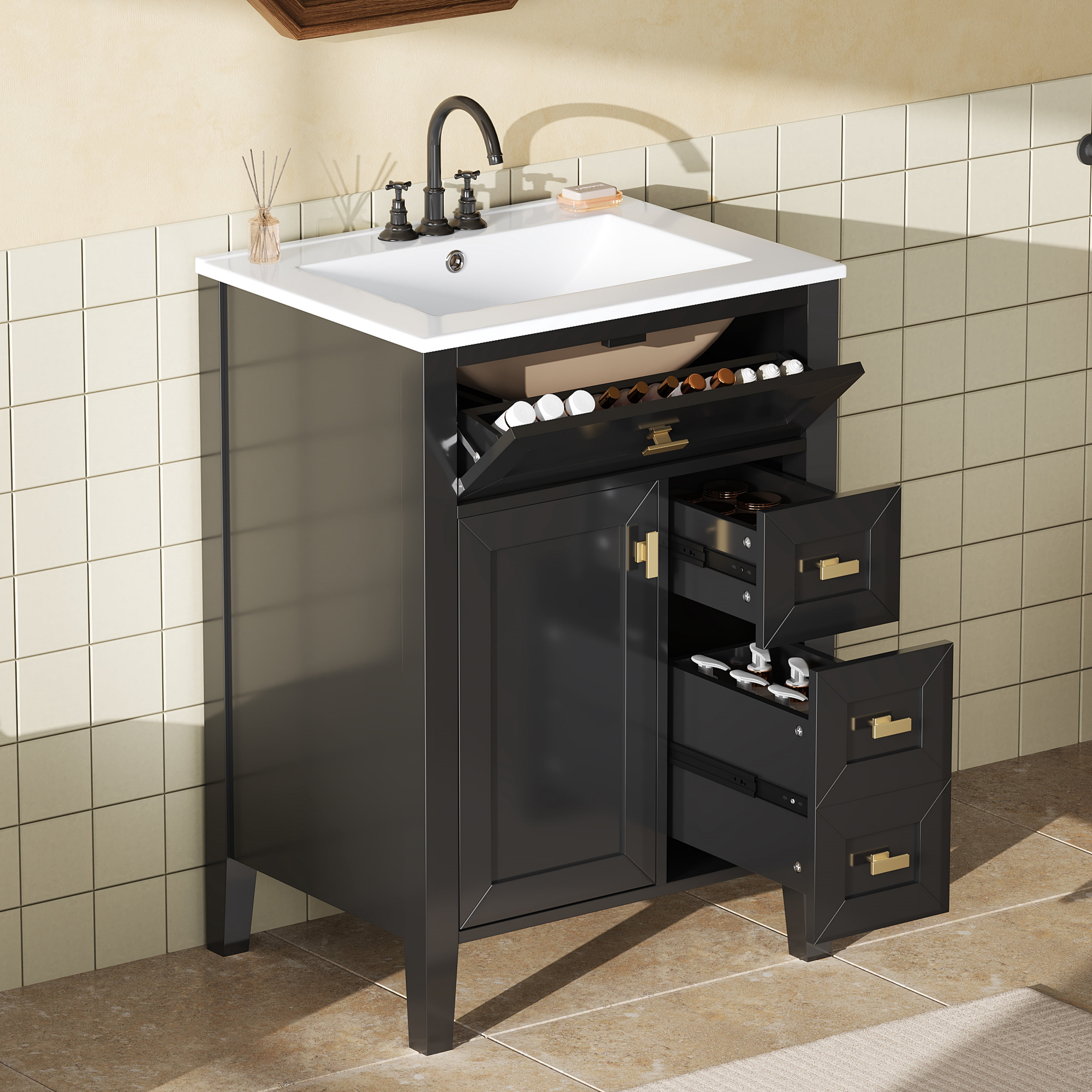 24" Bathroom Vanity with Sink, MDF & Rubberwood Construction, 3 Drawers & Cabinet with 2-Tier Door Storage Rack, Soft-Close Door & Drawers, Modern Design for Small to Medium Bathrooms