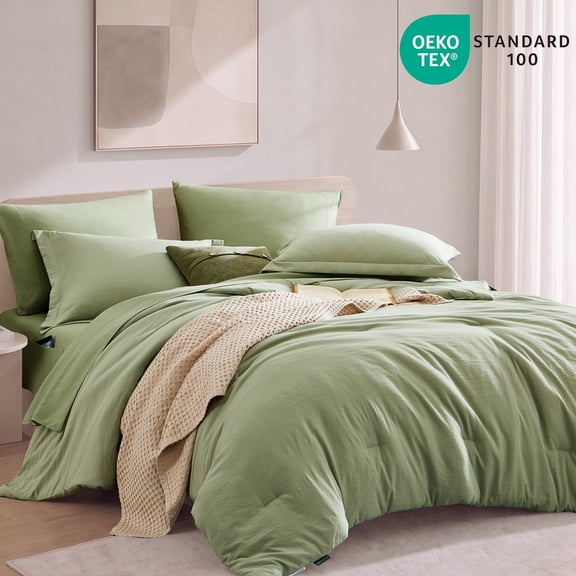 Catami Prewashed fabric 7-piece Bed in a Bag Queen Comforter Set with Sheets,Sage green