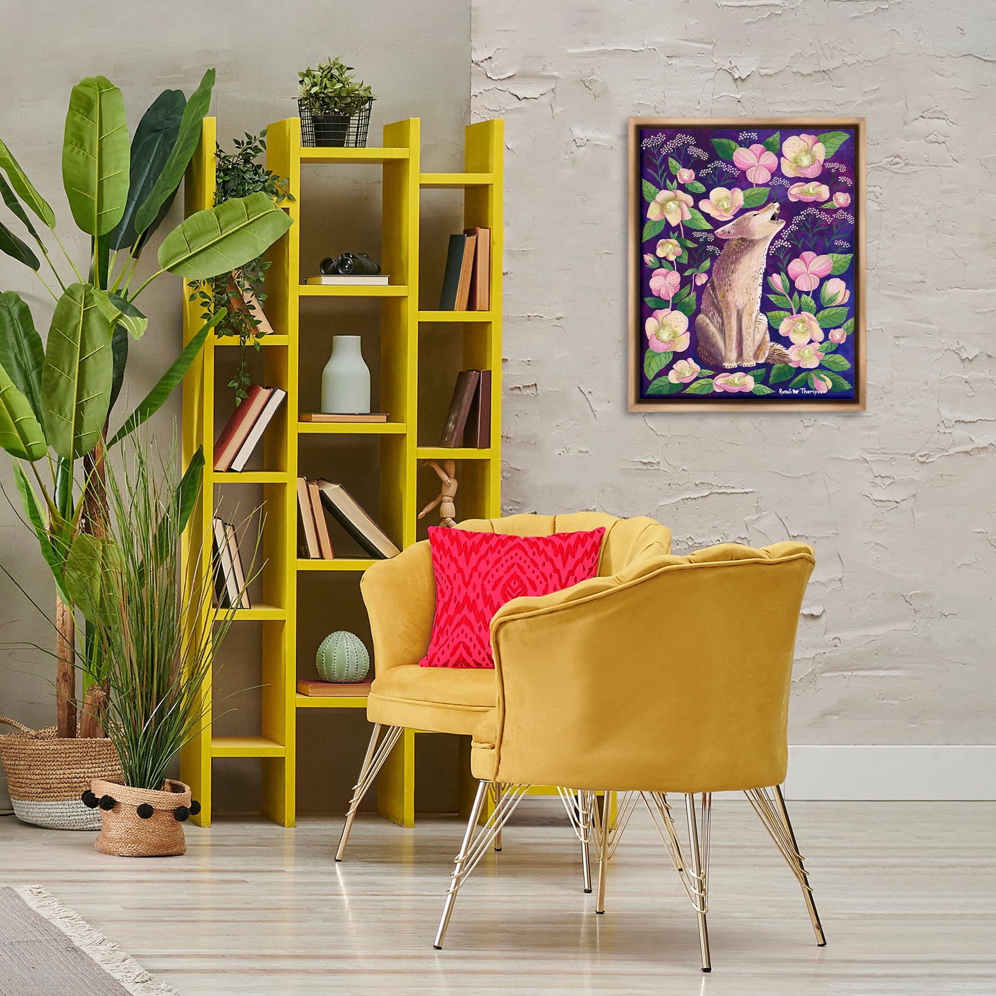 Stupell Industries Coyote & Pink Florals Animals Painting Brown Floater Framed Canvas Art Print Wall Art, 17 x 21