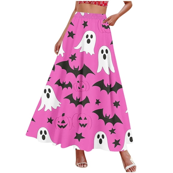 Hvogkswy Halloween Maxi Skirts for Women, Fashion Printed Elastic High Waist Plus Size Linen Skirts Casual A-Line Flowing Long Skirt
