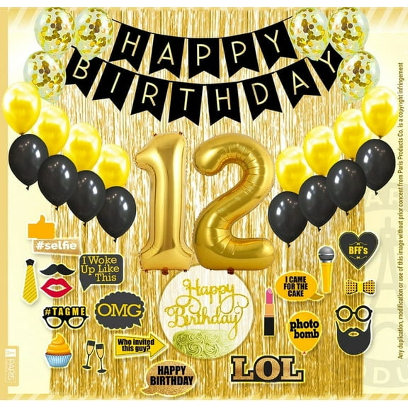 12th Birthday Decoration Black and Gold for Boy & Girl, 12th Cake Topper, 12th Party Supplies for Her and Him, 12th Birthday Photo Props