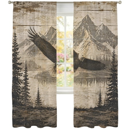 Flying Eagle Sheer Curtains 96 Inches Long 2 Panels Rustic Country Brown Mountain Pine Tree Wood Grain Semi Sheer Rod Pocket Window Curtains Light Filtering Drapes for Living Room Bedroom