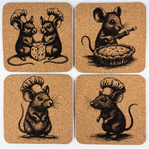 FLINT - Chef Mouse Cork Coaster Set Of 4  Engraved Cooking Mice Kitchen Drink Coasters