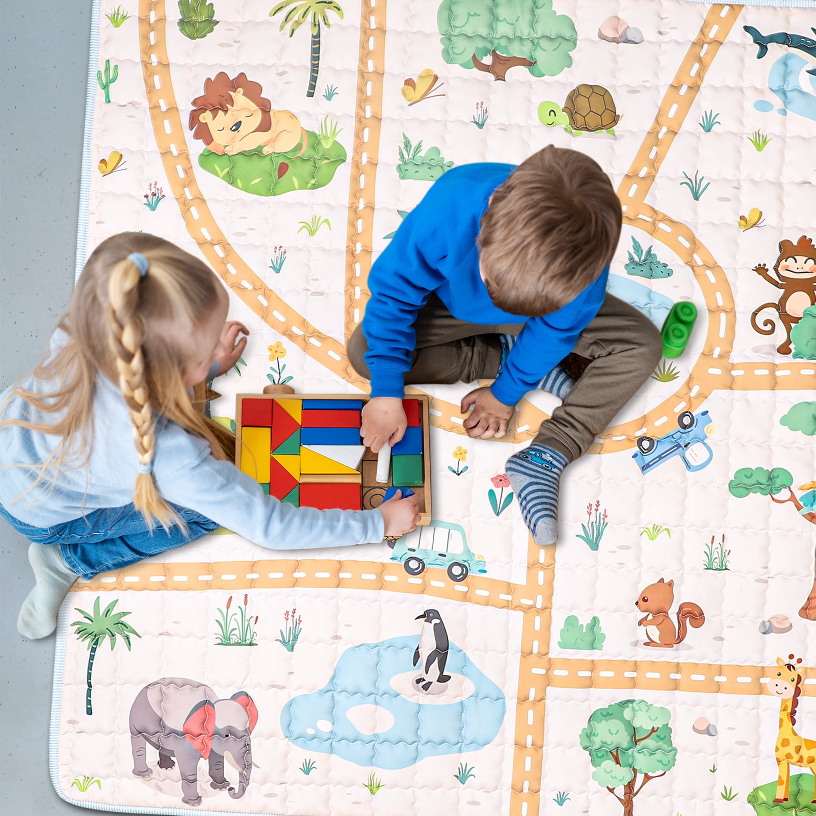 Baby Mat for Floor, Non-Slip 50x50 Mat, Thick One-Piece Crawling Mat, Infants mat Foldable and Machine Washable for Boys (Animals)