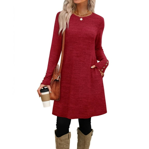Long Sleeve Womens Dress Loose Fit Crew Neck with Decorative Buttons Red 2XL