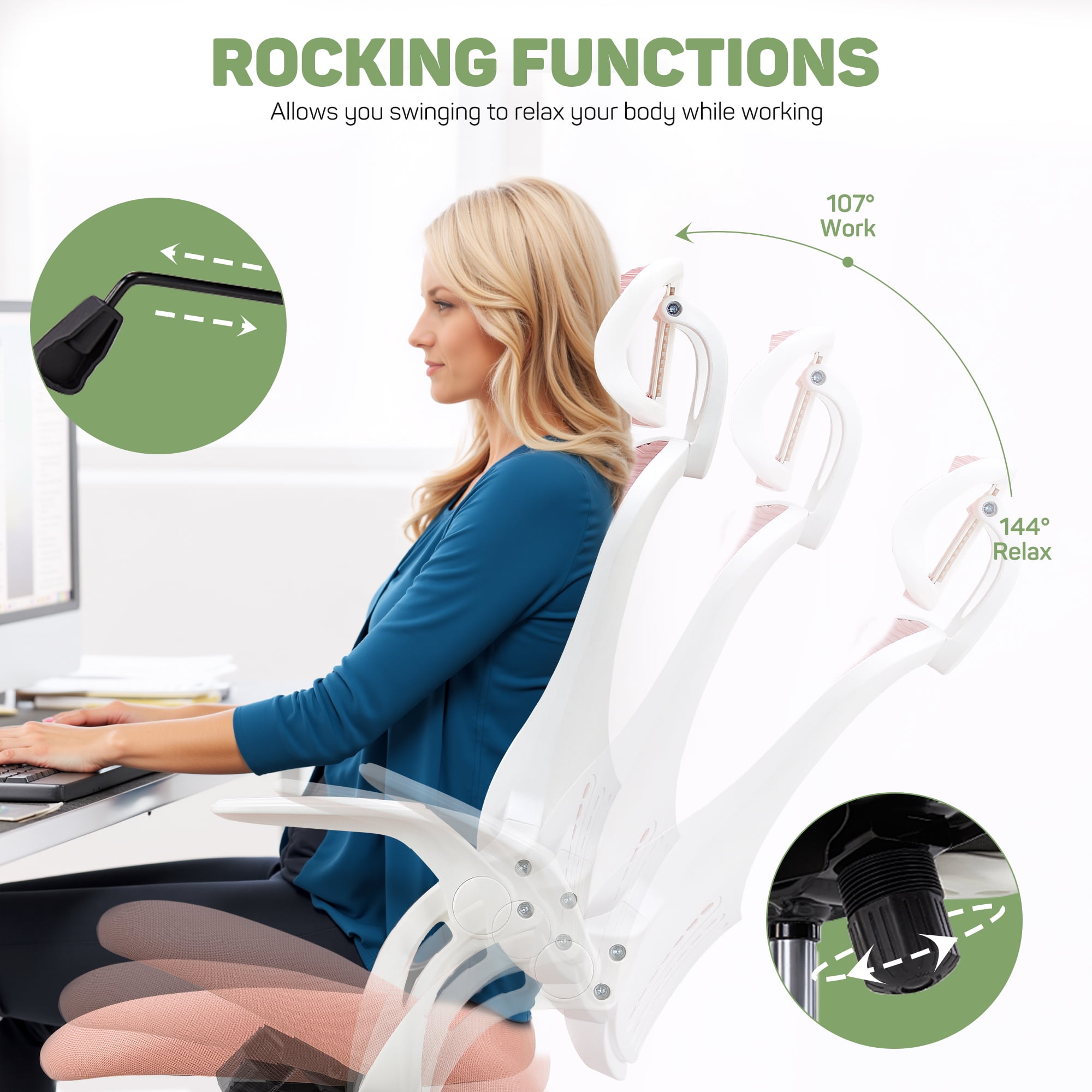 Ergonomic Office Desk Chair, High-Back Mesh Computer Chair with Adjustable Headrest, Lumbar Support, Flip-Up Armrests, Swivel Rolling Task Chair for Home Office, Pink