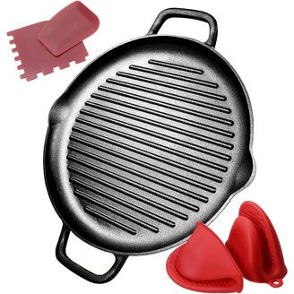 Teenyyou 10.5 Inch Square Cast Iron Grill Pan | Pre-Seasoned Steak Pan With Wooden Tray For Oven, Induction, Broiler