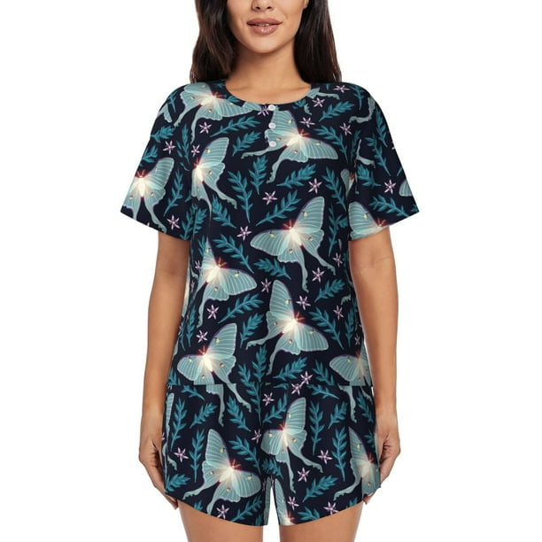 Fotbe Glowing Butterfly Conjunto de Pijama Estampado para Mujer, 2 Piezas, Ropa de Dormir con Camiseta de Manga Corta y Shorts Suaves-Small