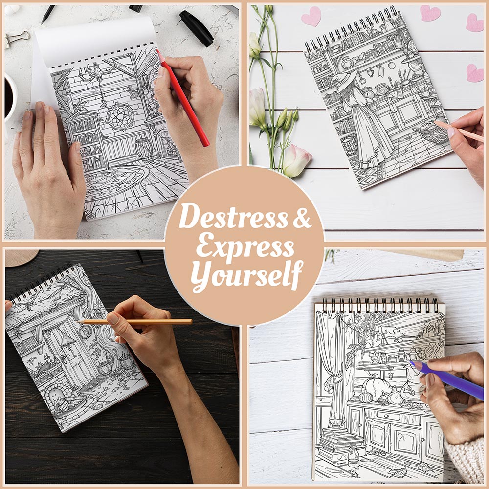 Netecom Witch Room Coloring Book for Adults, A5 Wooden Cover, 30 Magical Coloring Pages of Witchy Interiors Designs for Stress Relief and Relaxation, Spiral Bound Edition