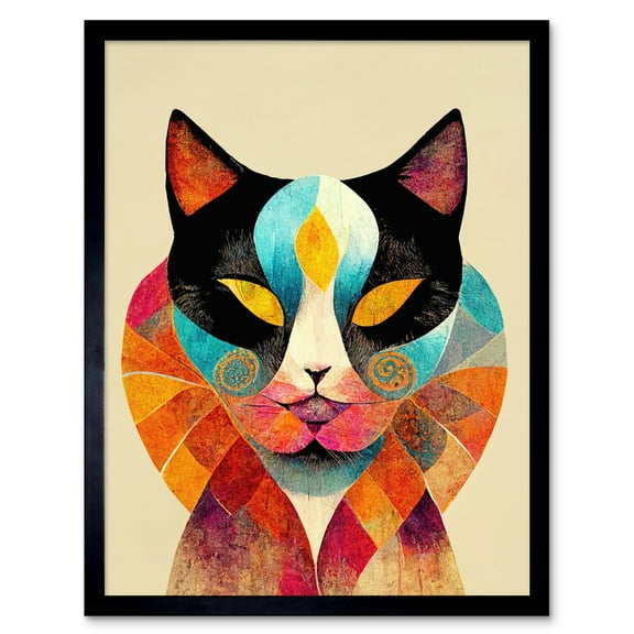 Colourful Boho Abstract Cat Illustration Art Print Framed Poster Wall Decor 12x16 inch