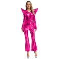 thumbnail image 1 of Moggemol Womens 70s Rave Outfits Shiny Metallic Bell Bottom Alien Jumpsuit Hot Pink L, 1 of 4