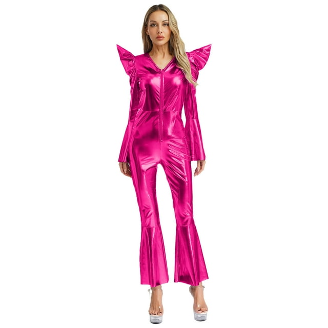 Moggemol Womens 70s Rave Outfits Shiny Metallic Bell Bottom Alien Jumpsuit Hot Pink L