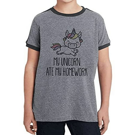

7 ate 9 Apparel Girl s Unicorn Ate My Homework Funny School Grey Ringer Tee