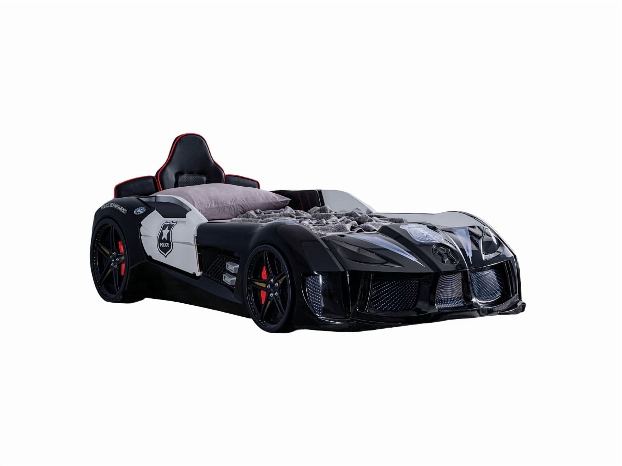 Modern Novelty Style Twin Size Police Car Bed Two Magnetic Doors LED On Wheels And Bottom Race Car Design Upholstery Headboard Black And White Finish