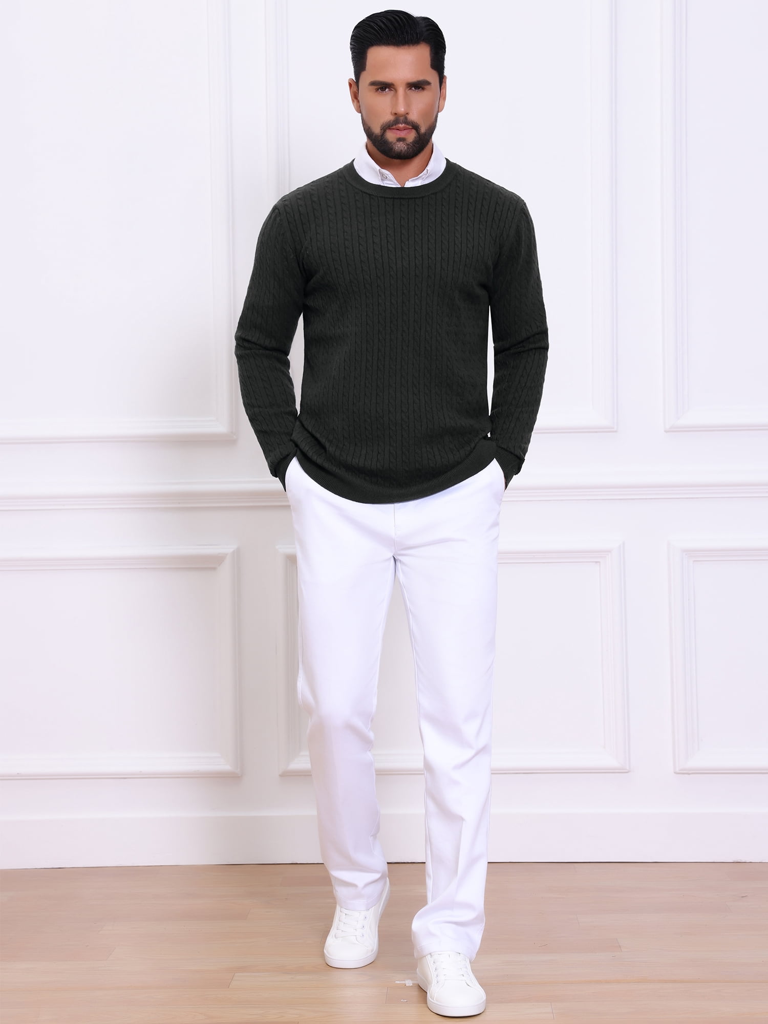DARING DIVA Men's Crew Neck Long Sleeve Soft Cable Knit Pullover Sweater L Black