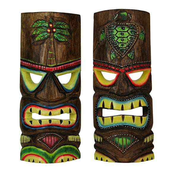 Things2Die4 12 inch Carved Wood Tiki Mask Wall Art Palm Tree/ Turtle (Set of 2)