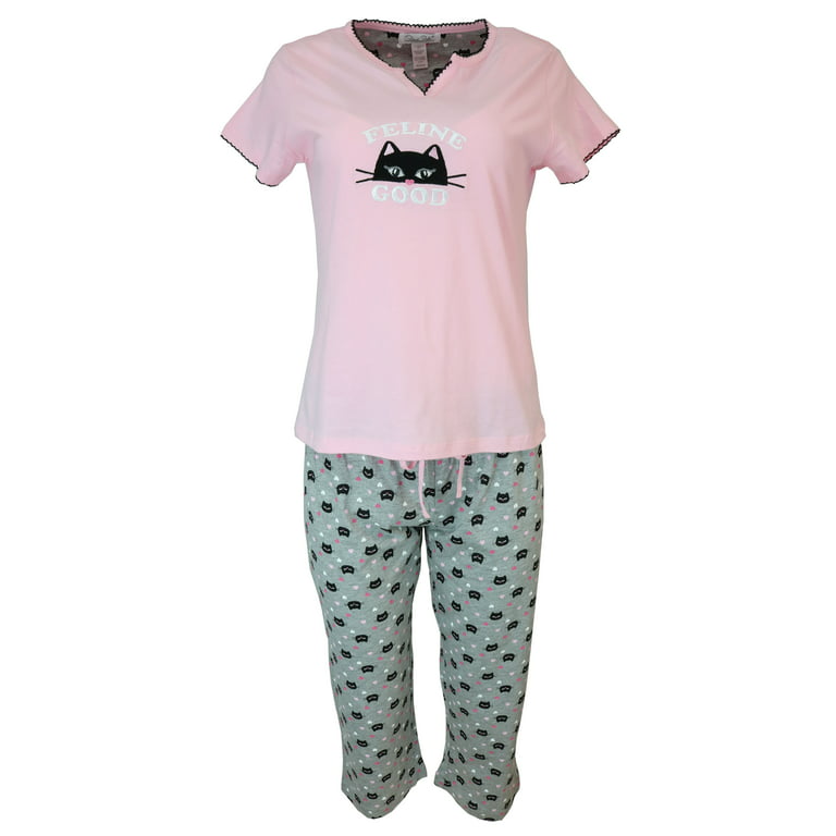 Rene Rofe Women's Plus Size Cotton Pajama Set, Capri Pants-Feline Good-1X 