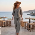 thumbnail image 5 of Women's 2 Piece Linen Matching Set V Neck Ruffle 3/4 Sleeve Button Down Gingham Plaid Top Wide Leg Pants Casual Outfit, L, 5 of 7