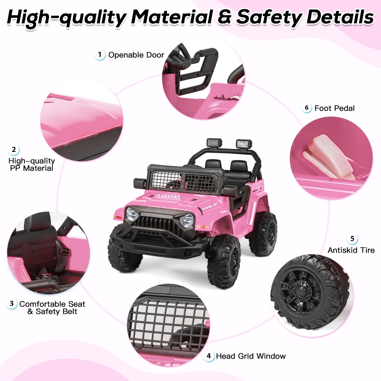 Erinnyees Ride on Jeep Car 12V Kids Electric Vehicles with Parent Remote Control, Safety Belt,Forward and Reverse Functions,Battery Powered,Spring Suspension,Music and Lights-Pink