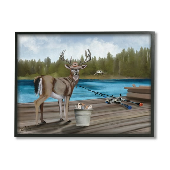 Stupell Funny Fisherman Deer Camp Lake Animals & Insects Painting Black Framed Art Print Wall Art