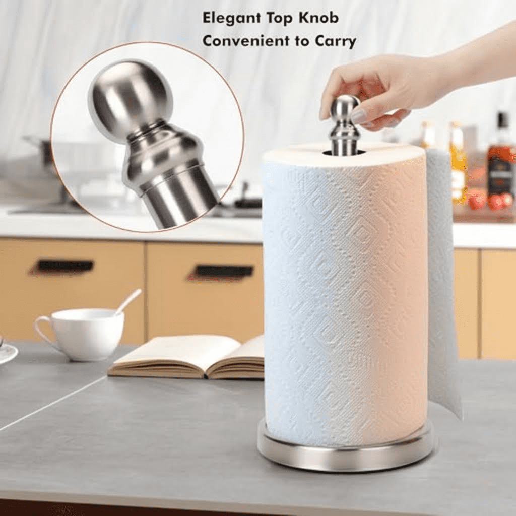 Countertop Paper Towel Holder with Weighted Base for Kitchen and Bathroom, One-Handed Operation, Brushed Nickel Finish